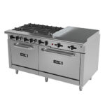 Estufa Multiple Industrial 6 Quemadores, Plancha, Gratinador, Respaldo Con Repisa y 2 Hornos AEMR-2-RG24-B6-60-H ASBER