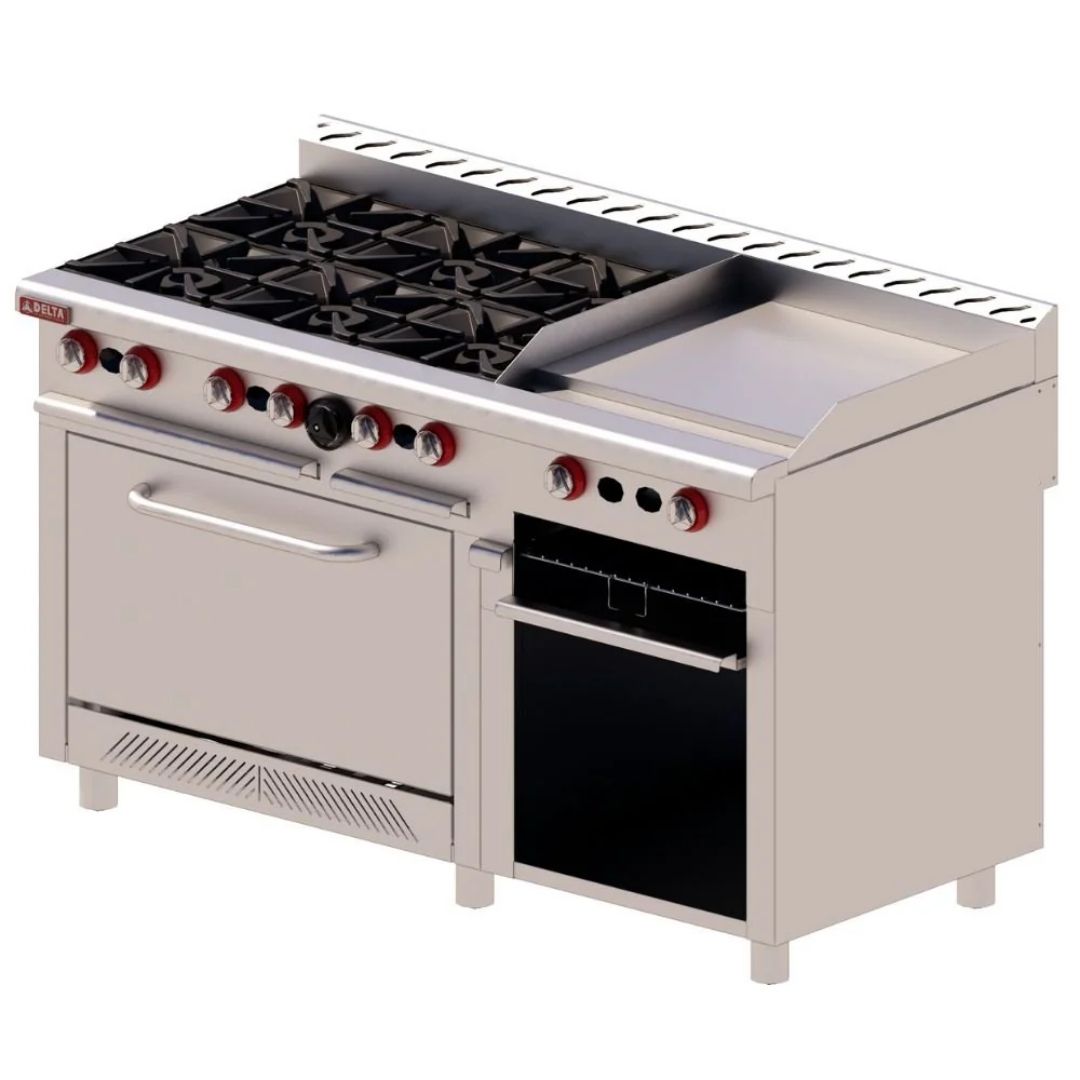 Estufa 6 Quemadores 24" + Plancha + Gratinador 61" Acero Inox y Aluminizado H-6-GA MIX DELTA